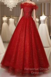 Red Scoop Ball Gown Shiny Tulle Off Shoulder Party Dress, Red Sweet 16 Dress Formal Dress